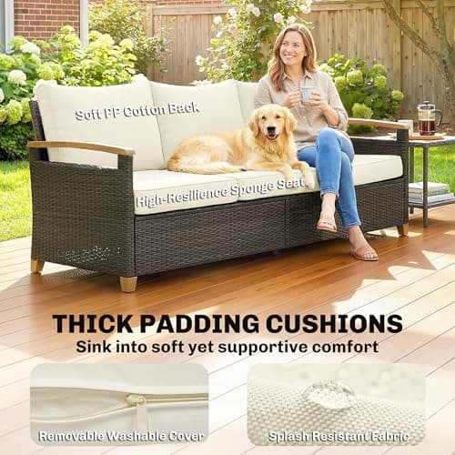 Outsunny 3 Seater Outdoor Couch Sofa, PE Wicker Patio Couch with Wide Deep Seat, 4" Cushions, Wood-Effect Armrests and Legs, Patio Furniture Couch for Garden, Backyard, Cream White — view 3