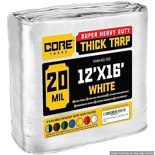 Core Tarps Extreme Heavy Duty 20 Mil Tarp Cover, Waterproof, UV Resistant, Rip and Tear Proof, Poly Tarpaulin with Reinforced Edges for Roof, Patio, Pool, Boat (White 12′ X 16′)