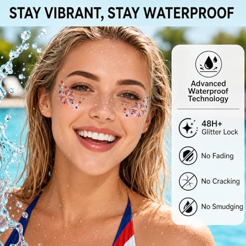 Go Ho Red White and Blue Glitter Freckles Face Tattoo 6PCS,4th of July Freckles Sparkle,4th of July Accessories for Women Kids,Patriotic Fireworks-shaped Glitter Stickers for Independence Day — view 2