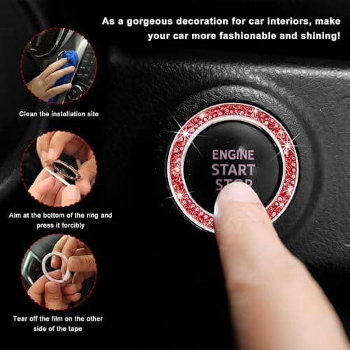 CCHRN Car Bling Engine Start Ring Decals, Crystal Rhinestone Push Start Button Decorative Ring, Universal Sparkling Key Ignition Knob Cover for Women Girls, Car Accessories (Red) — view 3