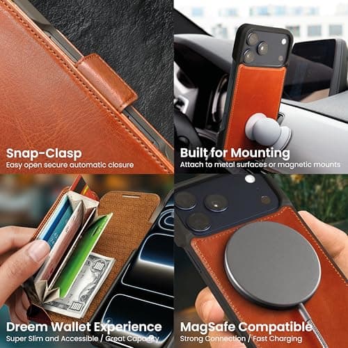 Dreem Real Leather Wallet Case for iPhone 17 Pro Max, Revolutionary Vert/Hor Phone Stand, Magnetic Detachable Flip Cover RFID Blocking Card Holder, MagSafe-Fit, Gift Box [Fibonacci: Caramel] — view 5