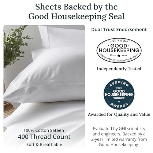 California Design Den Soft 100% Cotton Queen Sheet Set, 400 Thread Count Good Housekeeping Award Winner, Silky Smooth Sateen Weave with Deep Pockets, Breathable and Durable Cotton Bedding Set - White