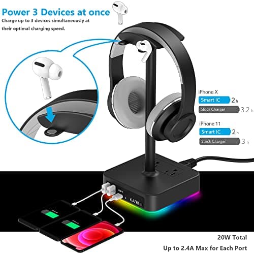 KAFRI RGB Headphone Stand with USB A&C Charger Desk Gaming Headset Holder Hanger Rack with 3 USB Charging Port and 2 Outlet - Suitable for Gamer Desktop Table Game Earphone Accessories Boyfriend Gifts — view 2