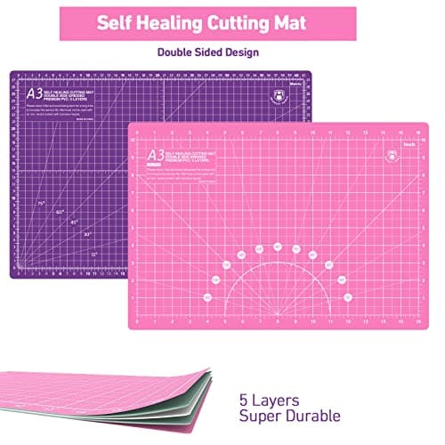 Headley Tools Rotary Cutter Set - 45mm Fabric Cutter, 5 Replacement Rotary Blades, A3 Cutting Mat, Quilting Ruler and Sewing Clips, Craft Knife Set,Ideal for Crafting,Sewing, Patchworking, Pink/Purple — view 3