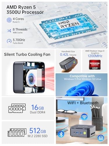 GMKtec G10 Mini PC Computer, Ryzen 5 3500U (Beats 4300U/N150/3300U), 16GB RAM 512GB SSD 2.5GbE NIC LAN Desktop Office Home Business HTPC, Triple 4K Display, WiFi, BT, USB-C, DP, Type-C PD, HDMI 2.1