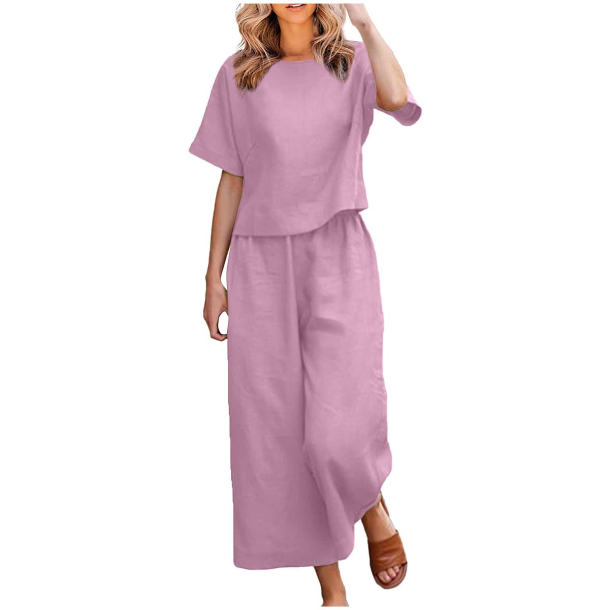 Womens 2 Piece Outfits Summer Linen Sets Short Sleeve V Neck Cropped Top Wide Leg Capris Pants Beach Lounge Sets — view 9