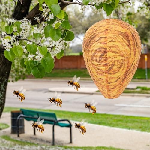 DECYOOL 4 Pack Paper Wasp Nest Decoy Hanging Wasp Nest Stay Away from Wasps Hornets Yellow Jackets(Orange) — view 3
