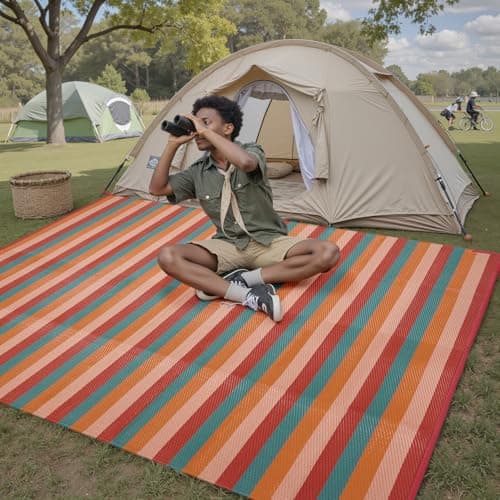 PureCozy Outdoor Waterproof Patio Rug 5x8 Plastic Straw Reversible Outside Orange Red Colorful Stripe Carpet Lightweight Large Rug for Camping RV Porch Deck Balcony Beach — view 5