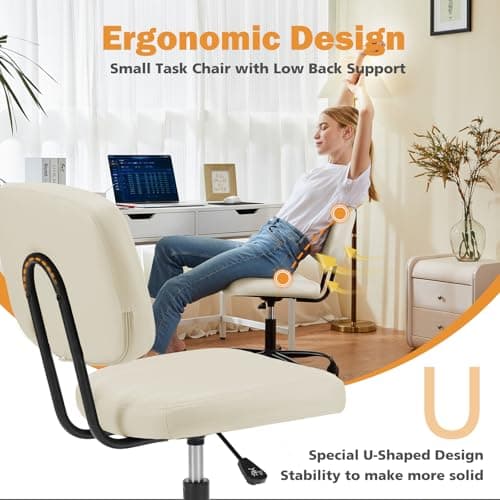 Sweetcrispy Small Office Desk Chair, Armless PU Leather Chair with Comfy Lumbar Support, Height Adjustable Rolling Swivel Task Chair for Adult, Student, Home, Vanity, Beige — view 4