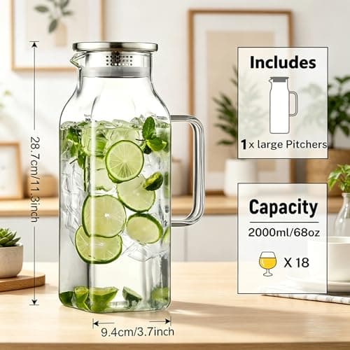 SYDALARAW 2 Liter Glass Pitcher with Lid and Handle, 68 oz Square Borosilicate Water Jug for Fridge, Wide Mouth Carafe with Strainer for Iced Tea, Juice, Milk, Hot or Cold Drinks — view 2