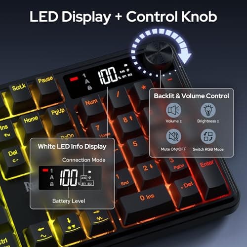 Redragon K526 PRO RGB Wireless Membrane Gaming Keyboard, 104 Keys Mechanical-Feel Keyboard w/LED Info Display, Media/Backlit Knob Control, Smooth Linear Switch & Software Supported — view 2