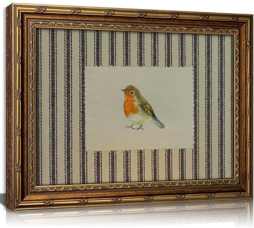 RLZIEWPT Vintage Gold Framed Bird Wall Art,Retro Cottagecore Watercolor Robin Picture Wall Decor,Rural Animal Stripe Painting Poster, for Living Room Bedroom,9X11 in