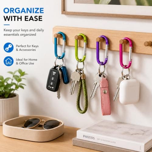 12PCS Carabiner Caribeaner Clip,3" Large Aluminum D Ring Shape Carabeaner with 6PCS Keyring Keychain Hook, 6 Colors — view 4