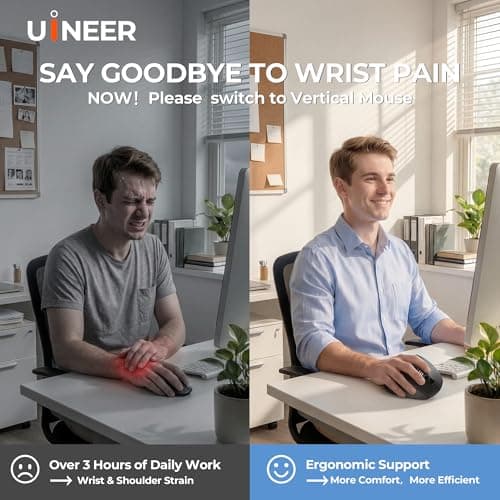 Uineer Wireless Ergonomic Mouse, Wireless Bluetooth Rechargeable Vertical Mouse, 7 Color LED, 4 DPI Adjustable, USB-A Receiver, Wrist Strain Relief,Optical Mice for Computer/PC/Laptop, Black (Black) — view 2