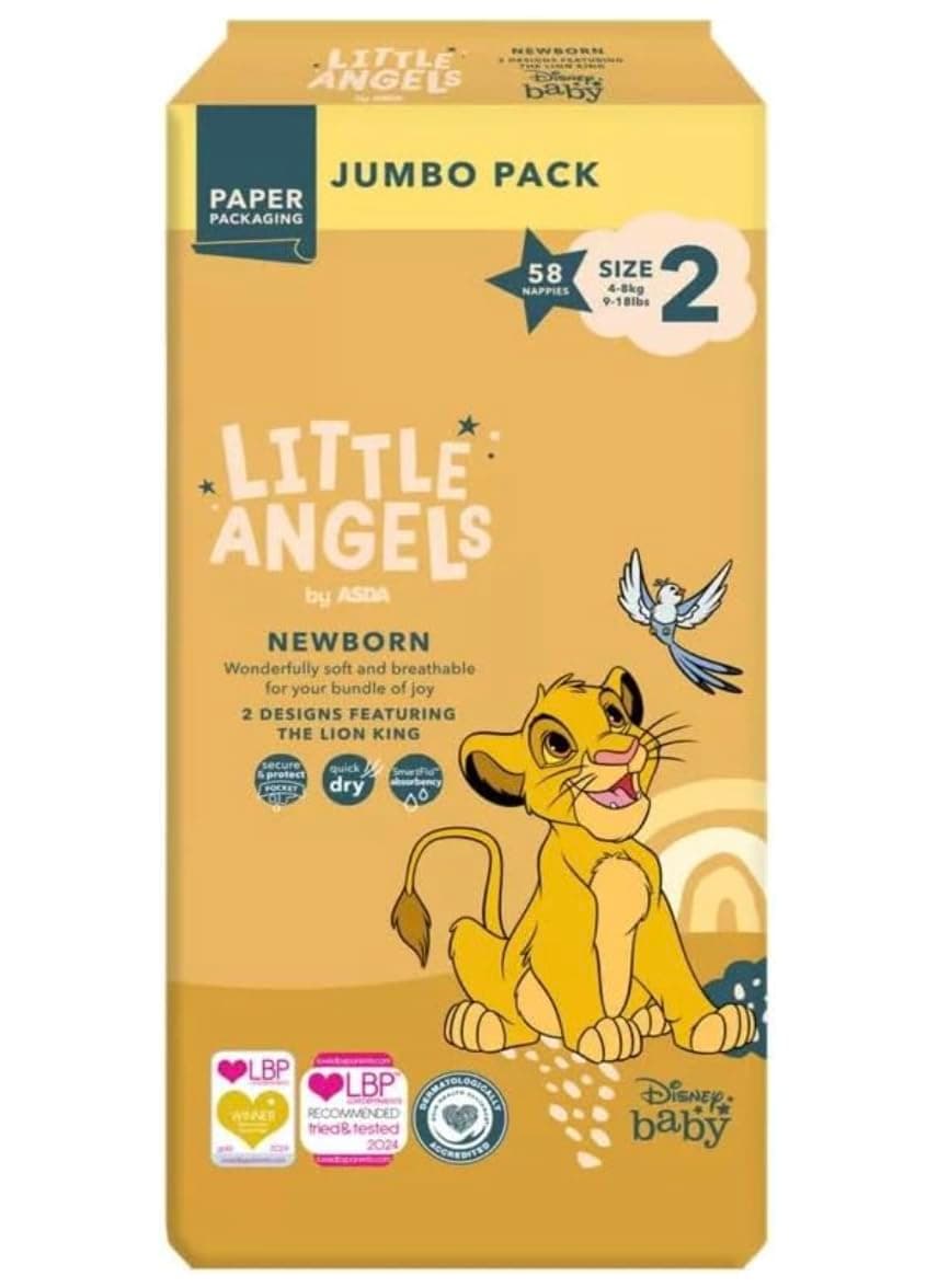 Little Angels by ASDA Newborn Nappies, Size 2, Disney Lion King Design, Jumbo Pack, 58 Count