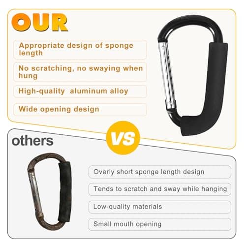 Stroller Hooks 4 Pack, 5.5" Black Baby Stroller Clips for Baby Diaper Bag, Grocery, Purse, Hanging Bags, Mommy Hook Backpack Accessories for Outdoor, Camping and Hiking, Large Carabiner Clip — view 2