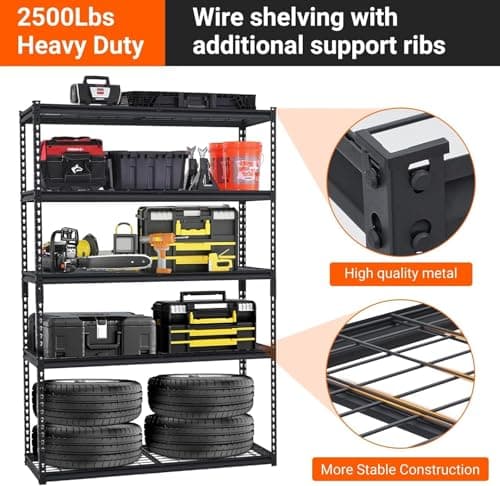 5-Tier Garage Shelving Unit, 2500 Lbs Capacity Adjustable Metal Storage Shelves, Heavy Duty Shelving Unit for Garage, Industrial Utility Shelf Storage Rack, 48x24x72 Inch — view 3