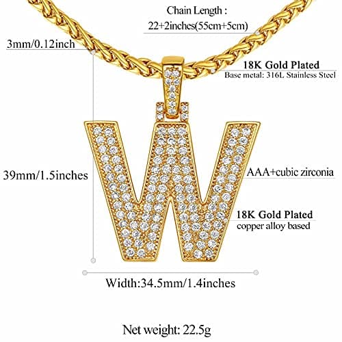 FindChic Bling CZ Bold Letter W Necklace For Men&Women Hip Hop Iced out 18K Gold Plated Custom Name Large Initial Pendant Personalized Jewelry for Rapper Boys 22inch Wheat Chain — view 5