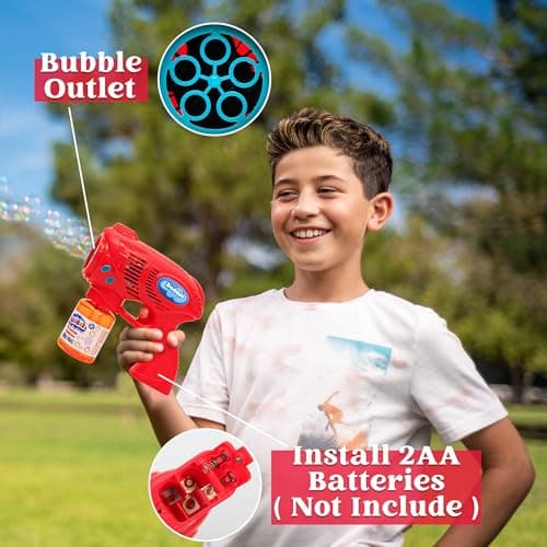 JOYIN 2 Bubble Guns with 2 Bubble Refill Solution (10 oz Total), Bubbles Maker, Blower, Machine Gun Blaster for Kids, Toddlers, Outdoors Activity, Party, Birthday Gift, Easter Bubble Toys (Blue+Red) — view 3