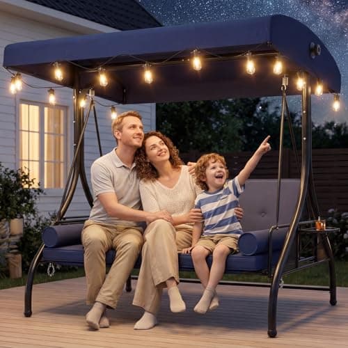 Aoxun Outdoor Porch Swing with Stand and Canopy, 3 Seats Outdoor Swings for Adults, Convertible 2 in 1 Swing Bed with Cup Holder, Patio Swings with Thicken Cushions for Garden, Yard & Balcony, Blue — view 10