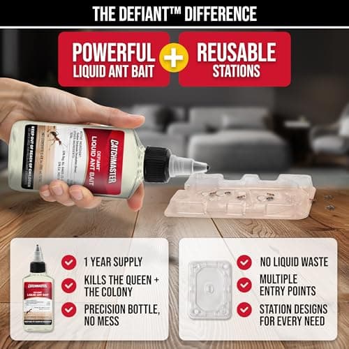 Catchmaster Defiant Premium Liquid Ant Killer, 1-Year Supply, Kills the Queen and Colony, No Mess Precision Bottle, Reusable Ant Traps Indoor & Outdoor, Pest Control Traps, Made in USA — view 2