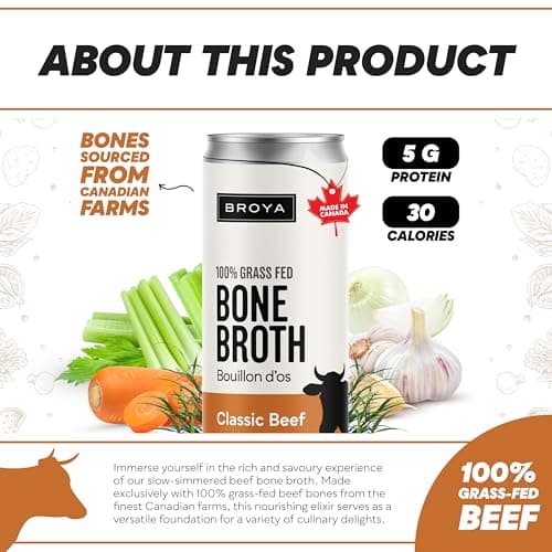 BROYA Classic Beef Bone Broth In A Can - 100% Grass Fed & Finished Beef Broth - Collagen Protein Rich - Canadian Made – Keto and Paleo Friendly, Gluten-Free - 6 Cans, 237 ml Each — view 4