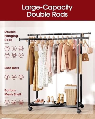 Sakugi Clothing Rack - Double Rod Coat Rack with Fixed Extension Bar, Built-In Mesh Shelf & Lockable Wheels, Multi-Purpose Clothes Rack for Bedroom, Laundry, Entryway, 98cm x 42cm x 150cm, Black — view 2