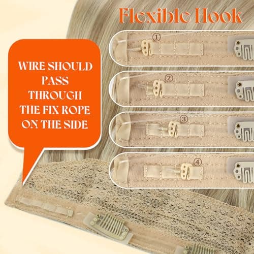 Sunny Hair Wire Hair Extensions for Women Straight Fish Line Human Hair Extensions Invisible Wire Extensions Easy to Apply Dark Ash Blonde Highlights Golden Blonde 18inch 85g — view 3