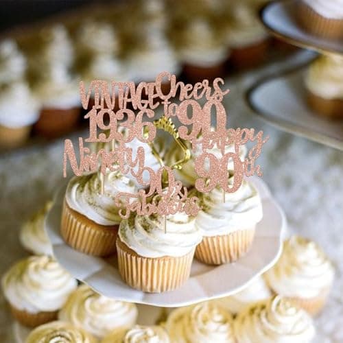 ZHUOWEISM 24 PCS Happy 90th Birthday Cupcake Toppers Glitter Ninety 90 Fabulous Vintage 1936 Cupcake Picks for Cheers to 90 Years 90th Birthday Wedding Anniversary Party Cake Decorations Rose Gold — view 2