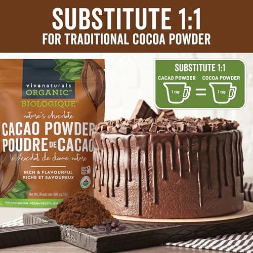 Viva Naturals Organic Cacao Powder, 2lb - Unsweetened Cocoa Powder With Rich Dark Chocolate Flavour, Perfect for Baking & Smoothies - Certified Vegan, Keto & Paleo, Gluten-Free & Non-GMO, 907 g — view 4