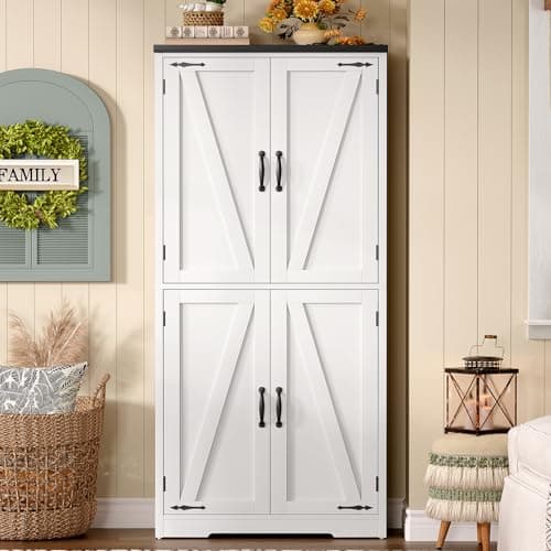TEENFON Farmhouse Storage Cabinet with 2 Adjustable Shelves, Pantry Cabinet with 4 Barn Doors, Bathroom Cabinet, Cupboard for Kitchen, Living Room, Entryway, White — view 4