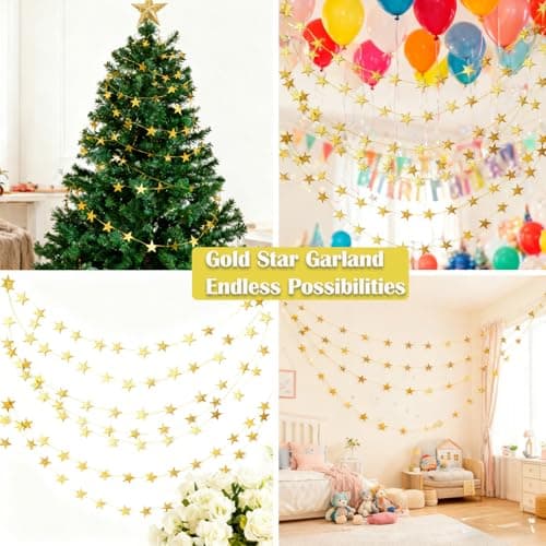 105 Feet Gold Star Garland - 8 Strands Glitter Paper Star String, 2.4 Inch Hanging Decor for Christmas Tree, Birthday Party, Wedding Decor, Ceiling & Home Decoration (Gold) — view 5
