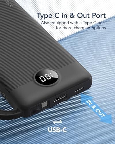 VRURC Portable Charger, Built-in 4 Cables Slim Power Bank 10000mAh, USB C Charging Bank with LED Display, Compact Travel Battery Pack with 5 Outputs for Multi Devices, Android-Black(1 Pack) — view 5