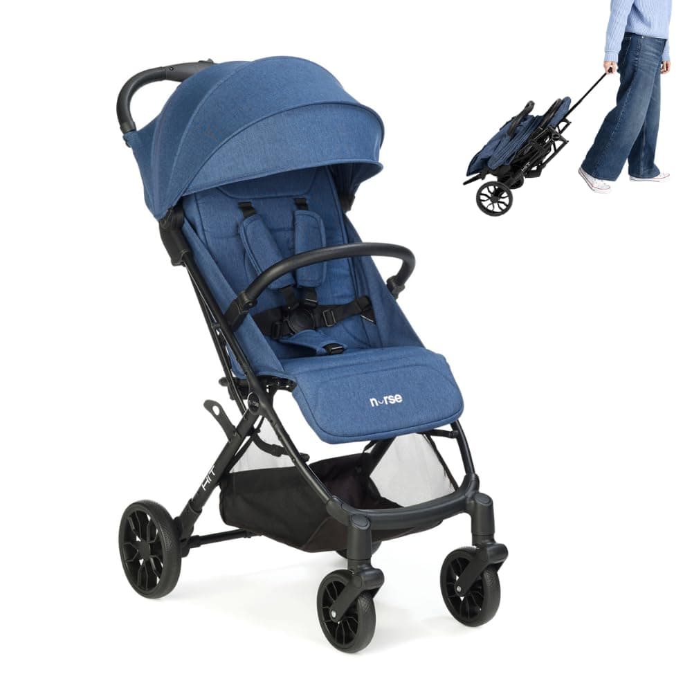 Nurse Hit Silla de Paseo Ligera hasta 22 kg, Plegado Compacto con Una Mano, Asa de Transporte, Respaldo Reclinado, Capota Extensible, Azul