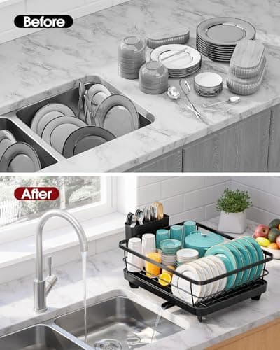 Sakugi Dish Drying Rack - Compact Dish Racks with Drain Board for Kitchen Counter, Durable Stainless Steel Dish Rack Used in Sink & on Countertop, Dark Black, Large — view 6
