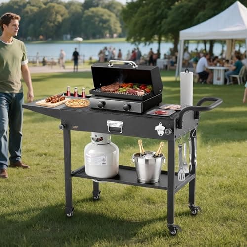 VEVOR Outdoor Grill Cart, 31.0 x 17.0 inch Tabletop Size Grilling Table, Foldable Outdoor Cooking Table with Tissue Holder, Hooks, Wheels, Side Table, BBQ Prep Tables for Picnic, Kitchen, Courtyard — view 7