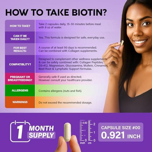 Biotin | Collagen | Hyaluronic Acid | Keratin - Hair Growth & Strength Support Vitamins - Skin & Nails Supplement - Clinically Tested for Men & Women - 25000mcg Vitamins B1, B2, B3, B6 & B7 - 60 Caps — view 7