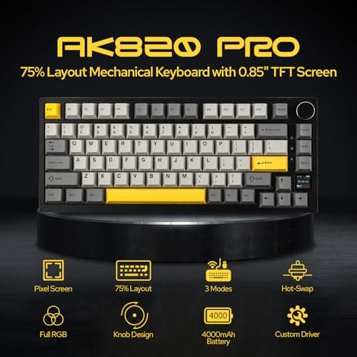 EPOMAKER Ajazz AK820 Pro 75% Wireless Mechanical Keyboard with TFT Smart Display&Knob, Gasket-Mounted Gaming Keyboard, BT/2.4GHz/USB-C Wired (Grey, Gift Switch)