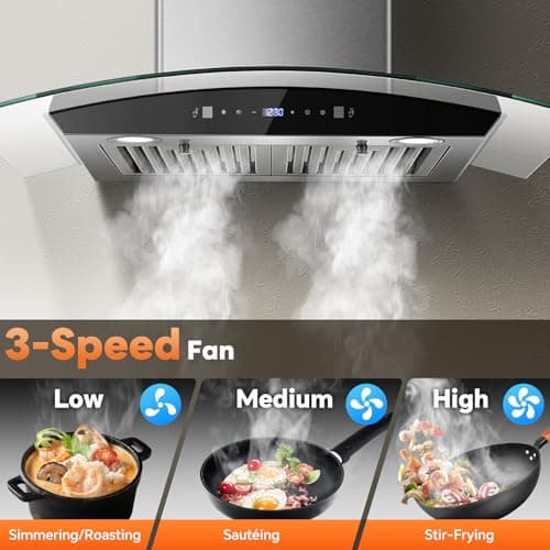 Range Hood 30 Inch, Tieasy Wall Mount Kitchen Hood with Ducted/Ductless Convertible Duct, Stainless Steel Chimney and Baffle Filters, Touch Control Fan Timer, LED Lights, 3 Speed Fan — view 3