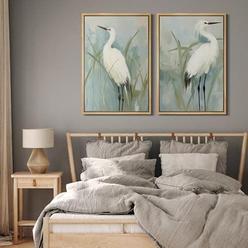 MUDECOR Framed Canvas Print Wall ArtWhite Heron Pair in Marsh Coastal Illustrations Modern Art Decorative Bohemian Colorful for Living Room, Bedroom, Office - 24"x36"x2 Natural — view 4