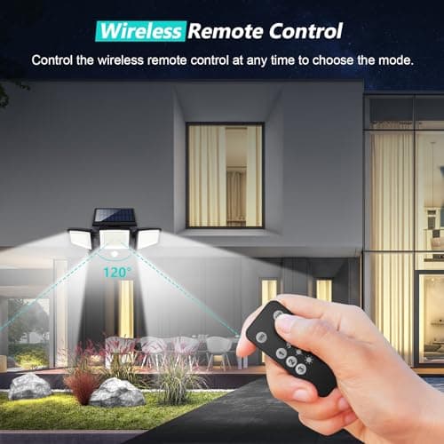 Solar Motion Sensor Outdoor Lights - 2500LM Bright LED Security Flood Light - Adjustable 3 Head Night Lighting Solar Powered IP65 Waterproof with Remote for Outside Garage Yard — view 2