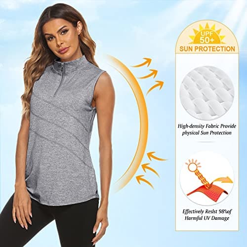 Koscacy Tennis Tops for Women,Golf Zipper Shirts Dri Fit Yoga Ladies Sleeveless Tunic Tops for Leggings Tennis Polo Gym V-Neck Going Out Beach Vacation Tank Top Grey Large — view 2
