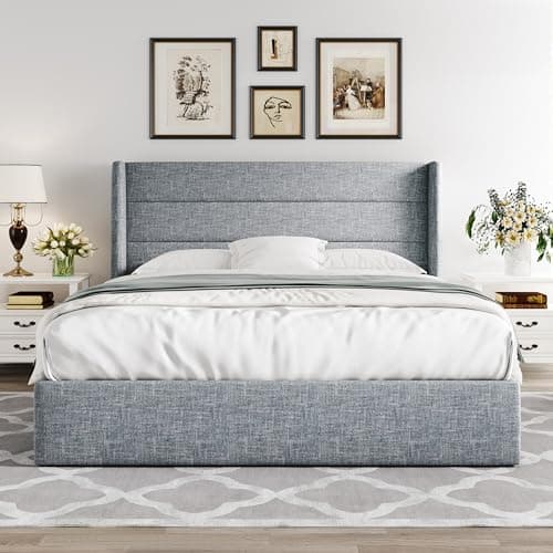 Allewie Queen Size Lift Up Storage Bed, Modern Wingback Headboard, Hydraulic Support, No Box Spring Needed, Grey Blue — view 6