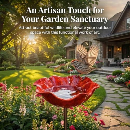 2026 New Metal Flower Garden Stakes Bird Bath, Handmade Mini Birdbath Flower Stake, Butterfly Bee Bath Bowl for Outdoor Lawn Yard Decor (Red+Red) — view 2