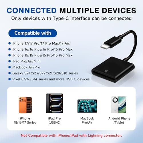 USBC to SD Card Reader for iPhone 17, Camera Adapter to iPhone 17, Digital Camera Adapter iPhone 17/16/15/iPad/MacBook/iMac/Galaxy/Android (Black) — view 4