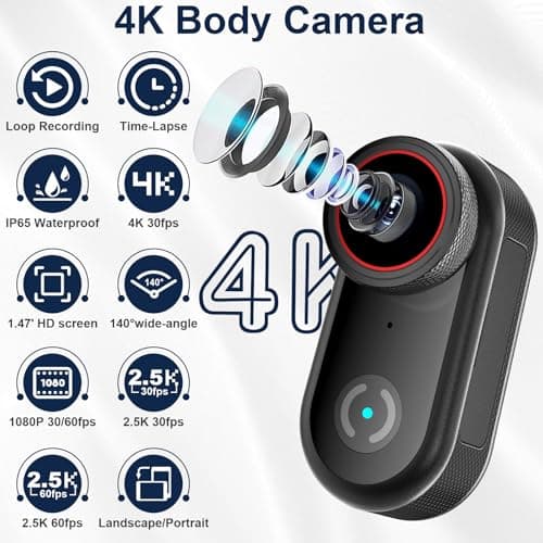 Mini Body Camera with 32GB Card, 4K Wearable Action Camera with 1.47” HD Screen, 140° Wide Angle, Magnetic Necklace & Mounts, APP Sharing, Loop Recording, POV Cam for Work, Sports, Pets & Daily Life