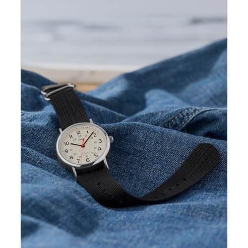 Timex Unisex Weekender 38mm Watch – Silver-Tone Case Cream Dial with Black Fabric Slip-Thru Strap