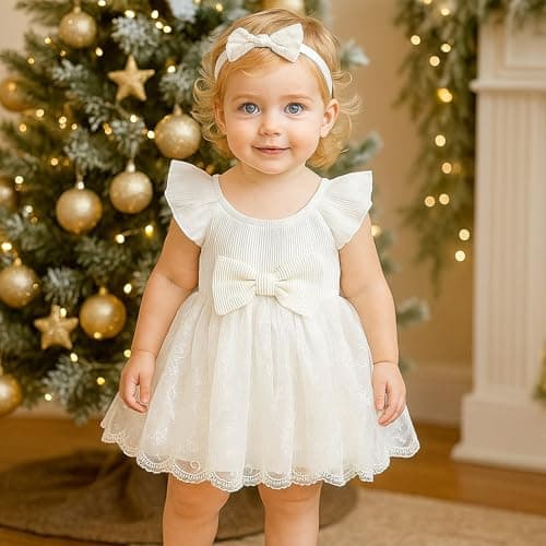TENTIDE Baby Girl Romper Dress Ribbed Newborn Lace Boho Tutu Dresses Headband Baptism Photography Wedding Summer Outfit 0-24M(6-12 Months,White) — view 2