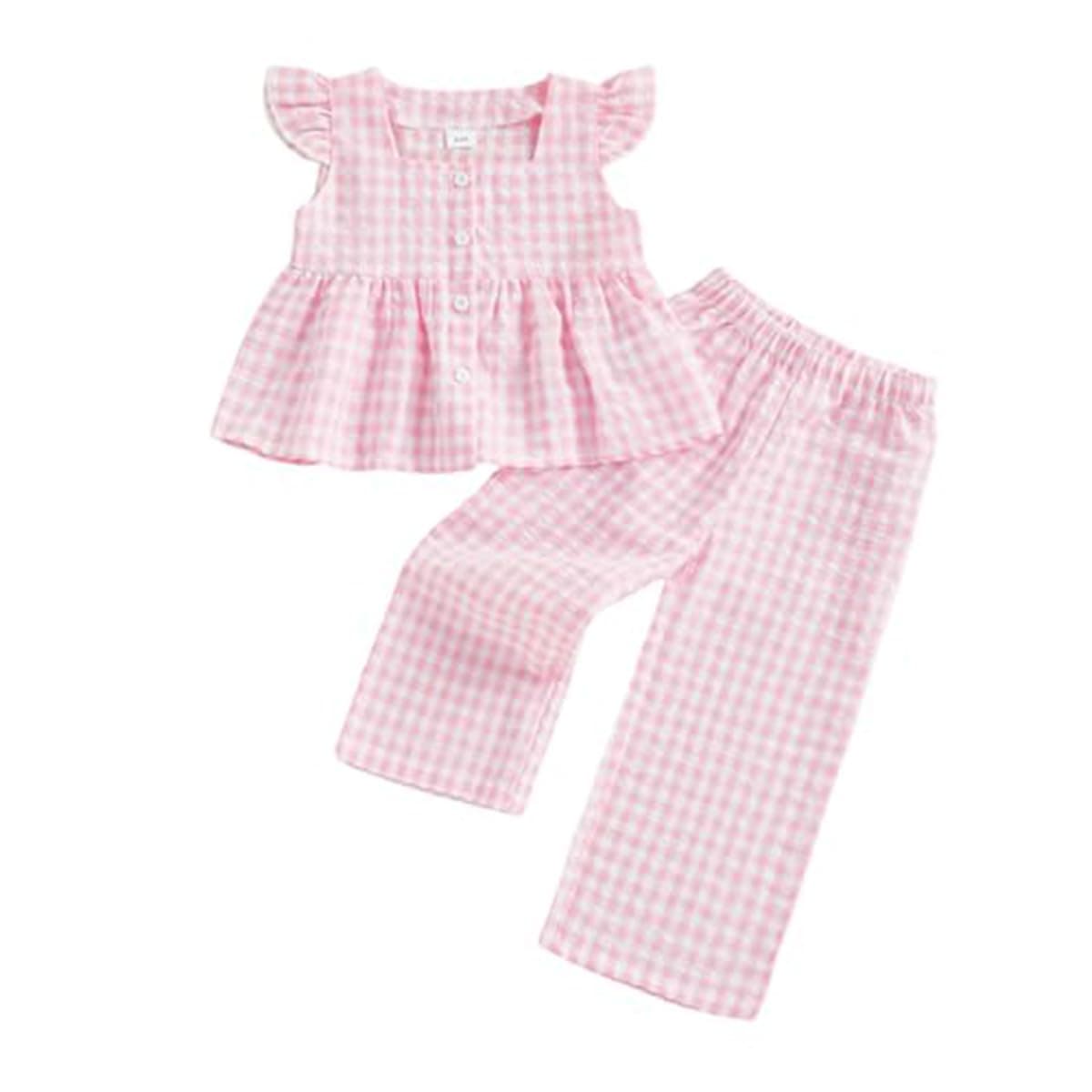 Conjunto Verano para Niñas Pequeñas Color Liso/Cuadros Sin Mangas Con Volantes Camisetas y Pantalones Anchos de Lino Ropa Infantil de Primavera