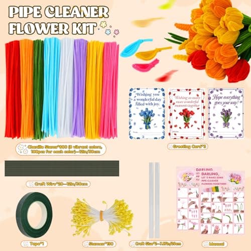 800PCS Pipe Cleaners Flower Kit, Thick Chenille Stems for Arts DIY Craft